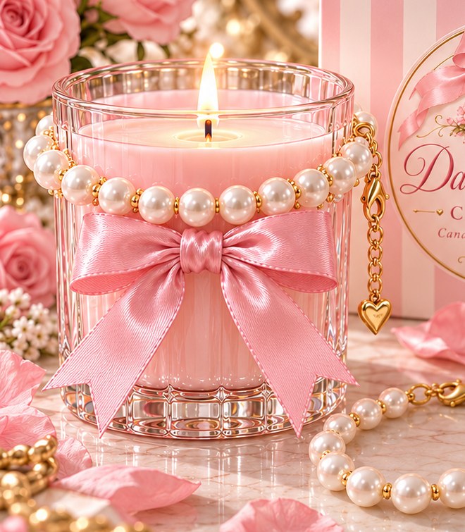 Darling House candle wearing the pearl bracelet with gold heart charm