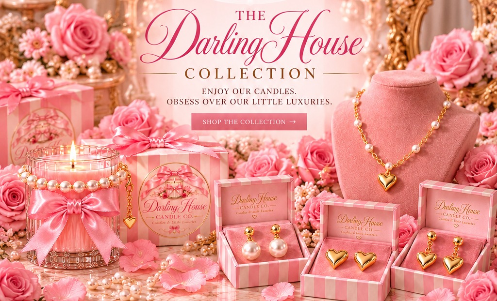 The Darling House Collection: candle with pearl bracelet, striped gift boxes, three earring styles and the pearl and gold heart necklace