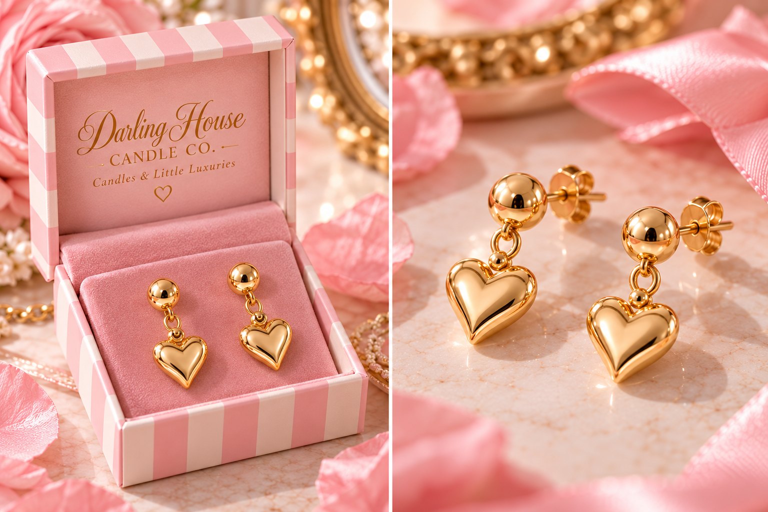 Gold heart drop earrings in their striped velvet box beside a close-up on pink marble