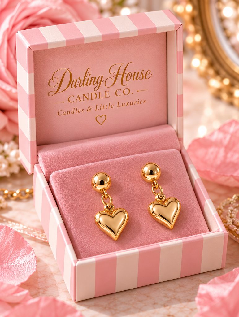 Gold heart drop earrings in the striped velvet box