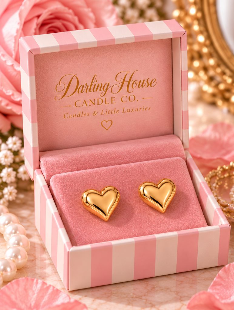 Gold heart stud earrings in the striped velvet box