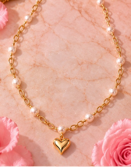 The necklace laid flat on pink marble