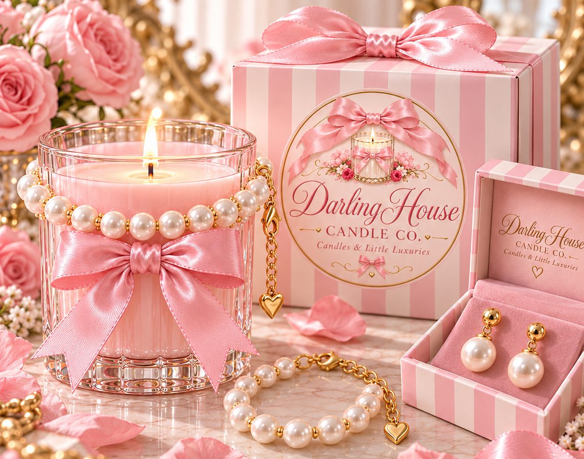 Candle wearing the pearl bracelet, the bracelet worn loose, the striped gift box and pearl earrings