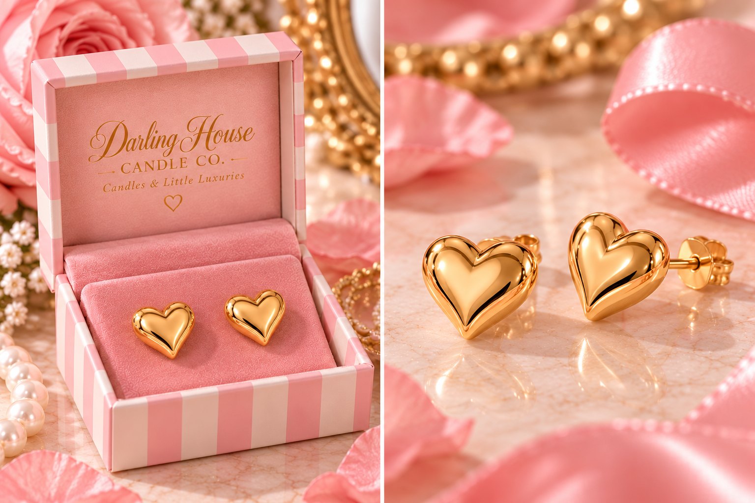 Gold heart stud earrings in their striped velvet box beside a close-up on pink marble